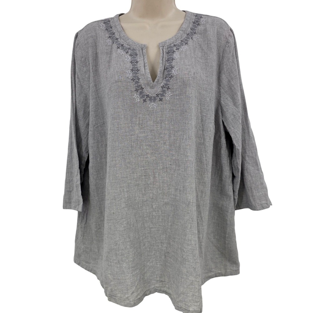 Pure Jill Tunic Top Women L Gray 100% Cotton Embroidered V Neck Coastal Beachy